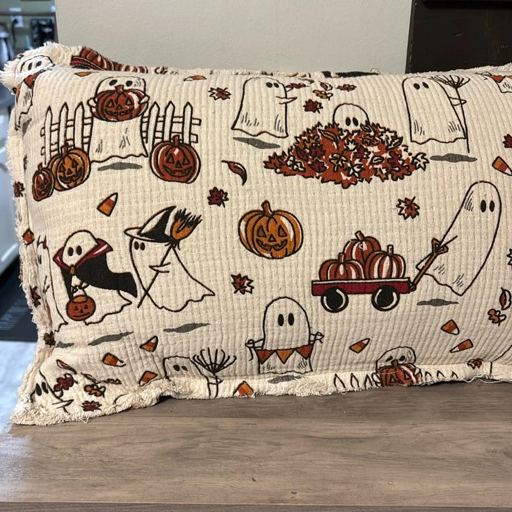 Cynthia Rowley Halloween Pillow Ghost Pumpkin Decor Fringed Accent Throw PILLOW